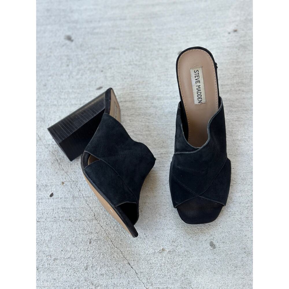 Steve Madden Women’s 9M Kristal Black Leather Suede Slip On Sandals Chunky Heels - Picture 3 of 8